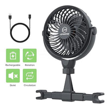 Load image into Gallery viewer, Retractable Portable Car Fans with 4 Speeds for Headrest and Rear Seat, Small Cooling Vehicle Air Fan, Quiet Operation, Rechargeable, Battery Operated,360 Degree Rotatable USB Fan for Baby, Puppy, SUV