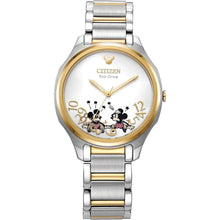 Load image into Gallery viewer, Citizen Eco-Drive Ladies' Disney Mickey and Minnie Mouse Two Tone Gold Stainless Steel, 3-Hand, 35mm (Model: EM0754-59W)