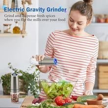 Load image into Gallery viewer, Gravity Electric Salt and Pepper Grinder Set, Battery Powered LED Light One Hand Automatic Operation, Adjustable Coarseness Mill Grinders Shakers Black (B.Silver 2p)
