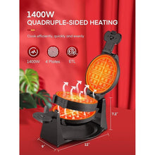 Load image into Gallery viewer, Waffle Maker, 1400W Double Belgian Waffle Iron 180° Flip, 8 Slices in 3 Mins, Rotating & Nonstick Plates, Anti-Scald, Removable Drip Tray Easy to Clean, Cool Touch Handle, Space-Saving Storage(Black)