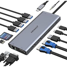 Load image into Gallery viewer, USB C Docking Station Dual Monitor for Dell/HP/Lenovo/Surface Laptop, 14 in 1 Triple Display Hub Multiple Adapter, Dongle with 2 HDMI 4K+VGA+5 Port+100W PD Charger+Ethernet+SD/TF+Audio