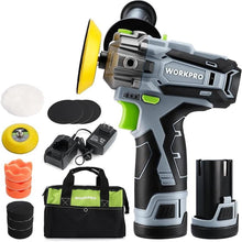 Load image into Gallery viewer, WORKPRO 12V Cordless Polisher, 3" Mini Car Detailing Buffer & Sander Machine Kit with 2 Li-Ion Batteries, Variable Speed Trigger for Auto/DIY Polishing/Sanding/Waxing