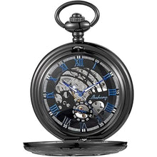 Load image into Gallery viewer, Mechanical Pocket Watch Antique Roman Numerals Men's Pocket Watch, Black Skeleton Pocket Watch with Chain for Men