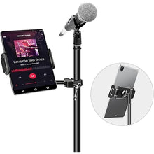 Load image into Gallery viewer, elitehood Aluminum iPad Holder for Mic Stand, Side Mount iPad Music Stand Holder for Microphone, 360° Swivel Tilt Adjustable Mic Stand Tablet Holder for iPad, iPhone and More 4-13in Tablet