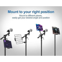 Load image into Gallery viewer, elitehood Aluminum iPad Holder for Mic Stand, Side Mount iPad Music Stand Holder for Microphone, 360° Swivel Tilt Adjustable Mic Stand Tablet Holder for iPad, iPhone and More 4-13in Tablet