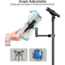 Load image into Gallery viewer, elitehood Aluminum iPad Holder for Mic Stand, Side Mount iPad Music Stand Holder for Microphone, 360° Swivel Tilt Adjustable Mic Stand Tablet Holder for iPad, iPhone and More 4-13in Tablet