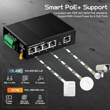 Load image into Gallery viewer, Binardat 5 Port Industrial Ethernet Switch, 4 PoE IEEE802.3af/at, 1 Uplink, 10/100Mbps, Fanless Wall Mount, with One 60W PoE Power Supply