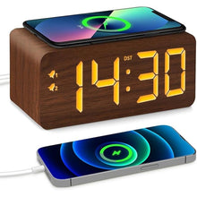 Load image into Gallery viewer, Wood Digital Alarm Clock with 10W Fast Wireless Charger, USB Charging Ports, DST, Dimmable, Snooze, Large Number LED Display for Bedrooms, Desk, Living Room Table, Bedside, Nightstand (Brown)