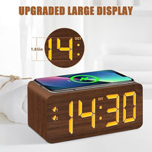 Load image into Gallery viewer, Wood Digital Alarm Clock with 10W Fast Wireless Charger, USB Charging Ports, DST, Dimmable, Snooze, Large Number LED Display for Bedrooms, Desk, Living Room Table, Bedside, Nightstand (Brown)