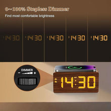 Load image into Gallery viewer, Wood Digital Alarm Clock with 10W Fast Wireless Charger, USB Charging Ports, DST, Dimmable, Snooze, Large Number LED Display for Bedrooms, Desk, Living Room Table, Bedside, Nightstand (Brown)