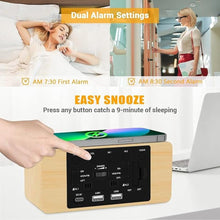Load image into Gallery viewer, Wood Digital Alarm Clock with 10W Fast Wireless Charger, USB Charging Ports, DST, Dimmable, Snooze, Large Number LED Display for Bedrooms, Desk, Living Room Table, Bedside, Nightstand (Bamboo)