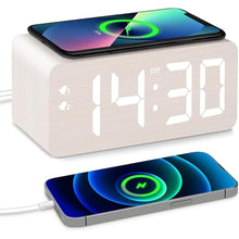 Load image into Gallery viewer, Wooden Digital Alarm Clock, 10W Fast Wireless Charger Station & 2 USB Charging Ports, with 0~99% Dimmer, Dual Alarm, Weekday/Weekend Mode, Wood LED Clock for Bedroom, Desk, Office