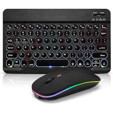 Load image into Gallery viewer, Ultra-Slim Bluetooth Keyboard and Mouse Portable Mini Wireless Keyboard Rechargeable 7-Color Backlit for Apple iPad iPhone Samsung Tablet iPhone Smartphone iOS Android Windows, Round Keys Black