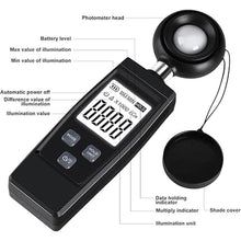 Load image into Gallery viewer, Light Meter, Handheld Lux Meter for Photography Grow Plants Led, Digital Photometer Illuminance Meter Range up to 200,000 Lux, Photo Illuminance Sensor with MAX/MIN Data Hold