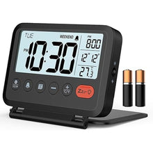 Load image into Gallery viewer, Digital Travel Alarm Clock, Black, 3.54 inch LCD Display, 9-Minute Snooze, 2 Volume Levels, Backlight, Battery Included
