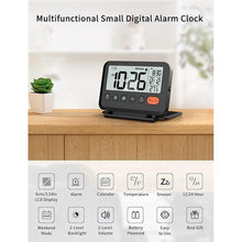 Load image into Gallery viewer, Digital Travel Alarm Clock, Black, 3.54 inch LCD Display, 9-Minute Snooze, 2 Volume Levels, Backlight, Battery Included