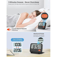 Load image into Gallery viewer, Digital Travel Alarm Clock, Black, 3.54 inch LCD Display, 9-Minute Snooze, 2 Volume Levels, Backlight, Battery Included