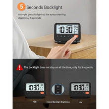 Load image into Gallery viewer, Digital Travel Alarm Clock, Black, 3.54 inch LCD Display, 9-Minute Snooze, 2 Volume Levels, Backlight, Battery Included