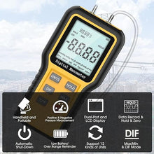 Load image into Gallery viewer, Manometer, Professional Air Pressure Meter, Dual-Port HVAC Digital Manometer Gas Pressure Tester,12 Selectable Units Differential Pressure Gauge