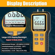 Load image into Gallery viewer, Manometer, Professional Air Pressure Meter, Dual-Port HVAC Digital Manometer Gas Pressure Tester,12 Selectable Units Differential Pressure Gauge
