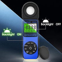 Load image into Gallery viewer, Illuminance Light Meter, Digital Lux Foot Candles Meter 0.1~400,000 Lux (0.1~40,000 FC) with 270º Rotatable Detector, Lumen Meter Luxmeter for Indoor Outdoor 881D