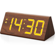 Load image into Gallery viewer, Wooden Digital Alarm Clock with Dual USB Charging Ports, DST, Dimmable, Snooze, Modern Large Time Display LED Clock for Kids Bedrooms, Living Room, Desk, Table, Bedside, Nightstand (Brown)