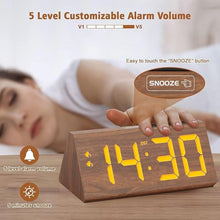 Load image into Gallery viewer, Wooden Digital Alarm Clock with Dual USB Charging Ports, DST, Dimmable, Snooze, Modern Large Time Display LED Clock for Kids Bedrooms, Living Room, Desk, Table, Bedside, Nightstand (Brown)