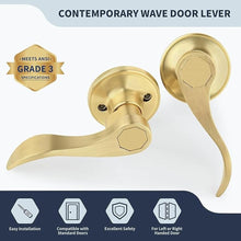Load image into Gallery viewer, Wave Style Door Lever, Brushed Gold Passage Door Handle, Keyless Gold Interior Lever Reversible for Left/Right Handed for Hallway and Closet with Satin Brass Finish, 1 Pack