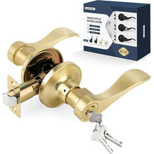 Load image into Gallery viewer, Wave Style Door Lever, Brushed Gold Keyed Entry Door Handle with Lock, Gold Entrance Lever Reversible for Left/Right Handed for Office or Front Door with Satin Brass Finish, 1 Pack
