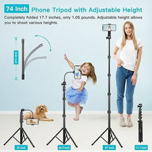 Load image into Gallery viewer, 74" Flexible Phone Tripod, Tall Cell Phone Tripod with Adjustable Gooseneck & Remote, Portable Phone Stand Tripod for Video Recording, Overhead Cellphone Tripod, Compatible with iPhone Android
