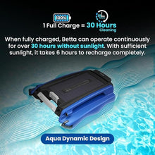 Load image into Gallery viewer, Betta SE Solar Powered Automatic Robotic Pool Surface Skimmer Cleaner with 30-Hour Continuous Cleaning Battery Power and Re-Engineered Twin Salt Chlorine Tolerant Motors (Blue)