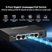 Load image into Gallery viewer, Binardat 5 Port Gigabit POE Switch, 4 POE+ Ports 1000Mbps, 1 Gigabit Uplink, IEEE802.3af/at, 65W Power Supply, Mini Metal Case Unmanaged Plug and Play