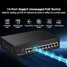 Load image into Gallery viewer, Binardat 10 Port Gigabit POE Switch, 8 POE+ Ports 1000Mbps, 2 Gigabit Uplink, IEEE802.3af/at, 120W Internal Power Supply, Metal Case Unmanaged Plug and Play