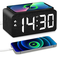 Load image into Gallery viewer, Wood Digital Alarm Clock with 10W Fast Wireless Charger, USB Charging Ports, DST, Dimmable, Snooze, Large Number LED Display for Bedrooms, Desk, Living Room Table, Bedside, Nightstand (Black)