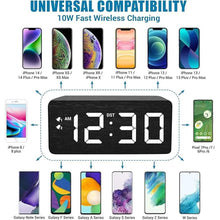 Load image into Gallery viewer, Wood Digital Alarm Clock with 10W Fast Wireless Charger, USB Charging Ports, DST, Dimmable, Snooze, Large Number LED Display for Bedrooms, Desk, Living Room Table, Bedside, Nightstand (Black)