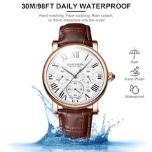 Load image into Gallery viewer, eYotto Men's Stainless Steel Business Watch, Multifunction Quartz Movement Chronograph Roman Numerals Analog Calendar Date Waterproof Leather Band Wristwatch, Formal Dress Gift Watch for Men Rose Gold