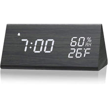 Load image into Gallery viewer, Digital Alarm Clock, Wooden Alarm Clock with Electronic LED Time Display, Humidity & Temperature Detect 3 Alarm Settings 3 Level Brightness Electric Clock for Bedroom Bedside Desk (Black wood)