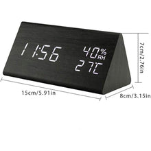Load image into Gallery viewer, Digital Alarm Clock, Wooden Alarm Clock with Electronic LED Time Display, Humidity & Temperature Detect 3 Alarm Settings 3 Level Brightness Electric Clock for Bedroom Bedside Desk (Black wood)