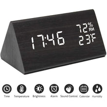 Load image into Gallery viewer, Digital Alarm Clock, Wooden Alarm Clock with Electronic LED Time Display, Humidity & Temperature Detect 3 Alarm Settings 3 Level Brightness Electric Clock for Bedroom Bedside Desk (Black wood)