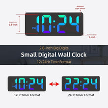 Load image into Gallery viewer, LED Digital Wall Clock with Dynamic RGB Display, Big Digits, Auto-Brightness, 12/24Hr Format, Modern Electric Small Silent Wall Clock for Living Room, Bedroom, Classroom, Farmhouse, Kitchen, Office