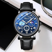 Load image into Gallery viewer, FANMIS Men's Classic Multifunctional Military Sports Analog Watch Business Dress Waterproof Luminous Chronograph Starry Sky Moon Phase Leather Wristwatch (Black)