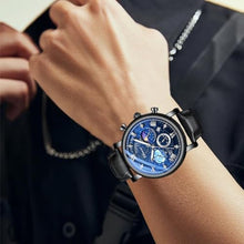 Load image into Gallery viewer, FANMIS Men's Classic Multifunctional Military Sports Analog Watch Business Dress Waterproof Luminous Chronograph Starry Sky Moon Phase Leather Wristwatch (Black)