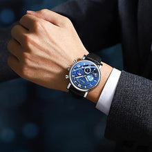 Load image into Gallery viewer, FANMIS Men's Classic Multifunctional Military Sports Analog Watch Business Dress Waterproof Luminous Chronograph Starry Sky Moon Phase Leather Wristwatch (Black)
