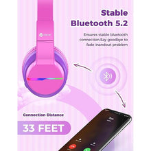 Load image into Gallery viewer, iClever BTH12 Kids Bluetooth Headphones,Colorful LED Lights Wireless Kids Headphones,74/85dBA Safe Volume,85H Playtime,Bluetooth 5.2,Over Ear Headphones Built-in Mic for iPad/Tablet/Airplane,Hot Pink
