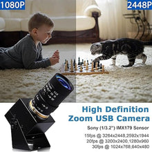 Load image into Gallery viewer, SVPRO 8MP USB Camera Manual Focus Webcam with Varifocal 5-50mm CS Mount Lens-10X Zoom External Camera for Laptop PC Computer,Plug and Play UVC Camera