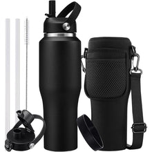 Load image into Gallery viewer, 32oz Stainless Steel Water Bottle, Cold-48H & Hot-24H, Water Flask Thermal with Straw & Spout Lids, Pouch, Vacuum Insulated Bottle for Father's Day Gift Black