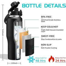 Load image into Gallery viewer, 32oz Stainless Steel Water Bottle, Cold-48H & Hot-24H, Water Flask Thermal with Straw & Spout Lids, Pouch, Vacuum Insulated Bottle for Father's Day Gift Black