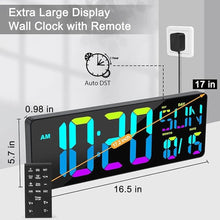 Load image into Gallery viewer, XREXS Large Digital Wall Clock with Remote Control, 17 Inch LED Large Display Count Up & Down Timer, Adjustable Brightness RGB Color Changing Clock Alarm Clock for Home, Gym, Office and Classroom