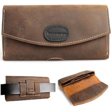 Load image into Gallery viewer, Leather Phone Holster with Belt Clip for Galaxy S23,iPhone 14,14 Pro,Double Pockets Leather Belt Bag for Smartphone with Case,Cash and Cards,Flip Cellphone Pouch,L,Darkbrown