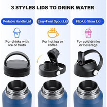 Load image into Gallery viewer, HYDROWION Insulated Water Bottles, Water Bottle fits in Car Cup Holder (Cold 48 hrs, Hot 24 hrs) with Straw Lid, Spout Lid and Flex Cap,T-shpaed Water Bottle Leakproof Travel Thermo Tumbler,Blue&Black
